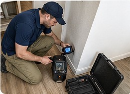 Technician using leak detection equipment near flooring